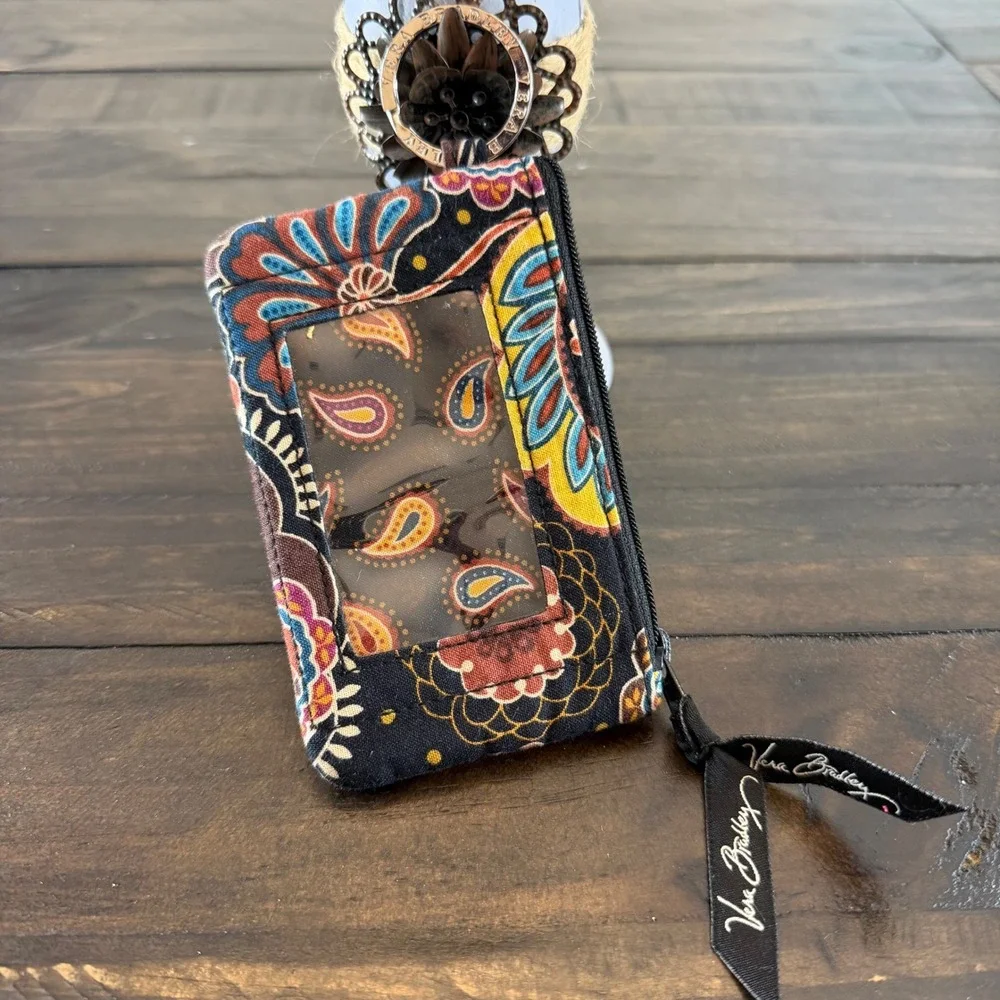 Vera Bradley Zip ID Case Womens‎ Brown Paisley Key Chain Wallet Coin Purse